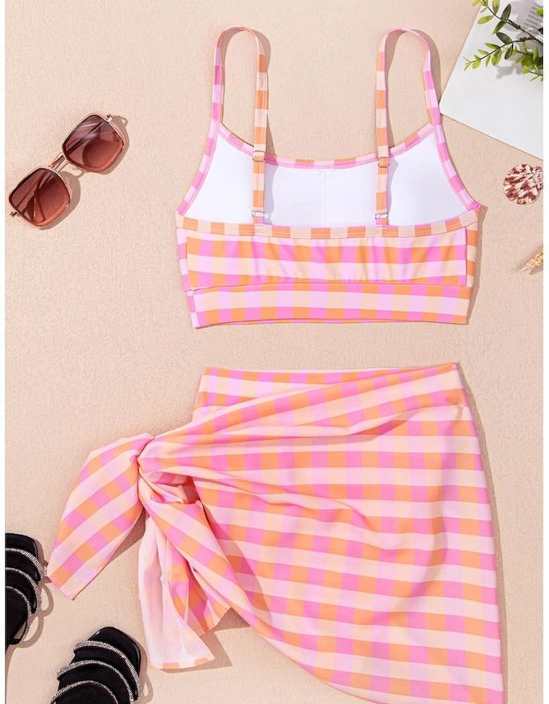 Pink 3pcs Gingham High Waist Bikini & Sarong