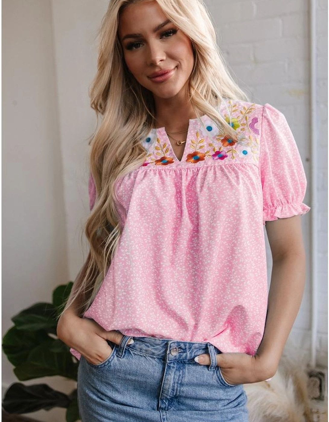 Pink Floral Embroidered Puff Sleeve Notched V Neck Blouse
