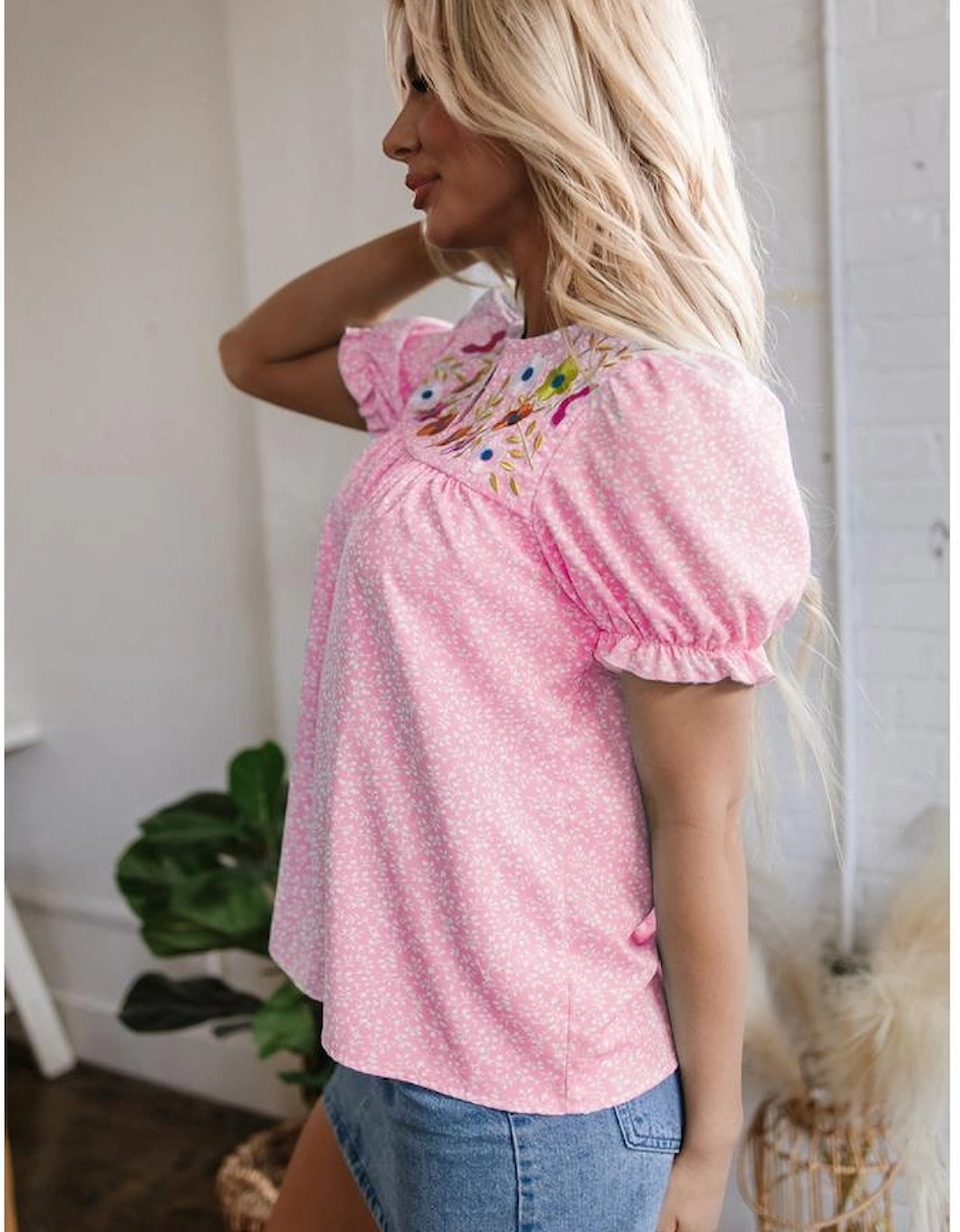 Pink Floral Embroidered Puff Sleeve Notched V Neck Blouse