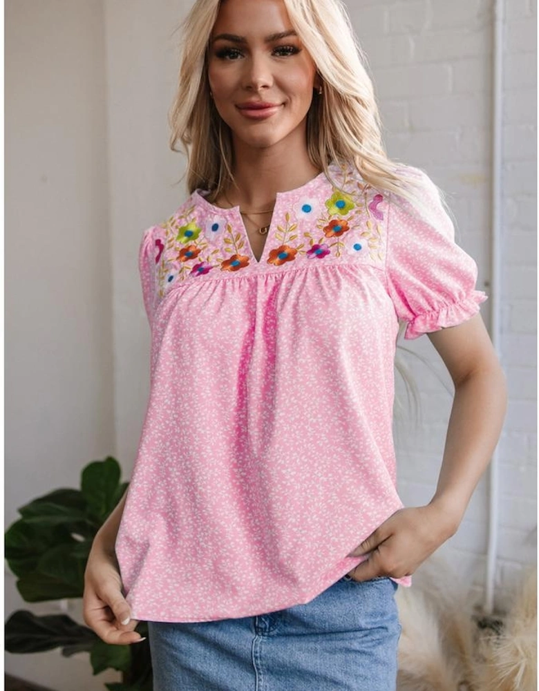 Pink Floral Embroidered Puff Sleeve Notched V Neck Blouse