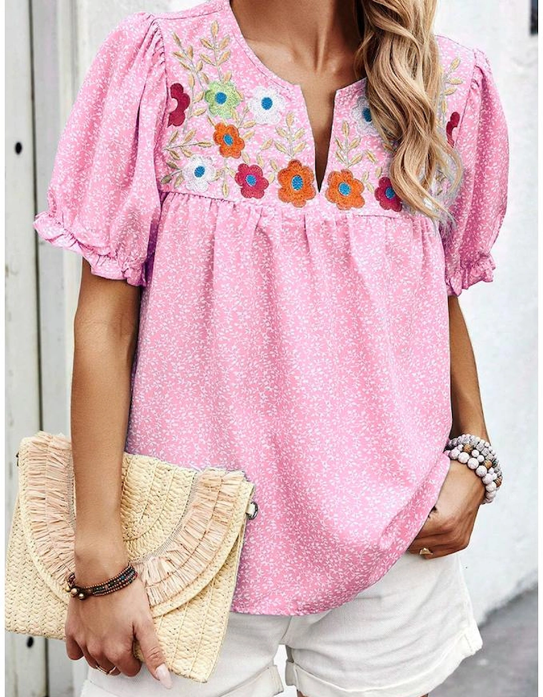 Pink Floral Embroidered Puff Sleeve Notched V Neck Blouse