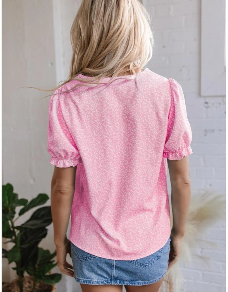 Pink Floral Embroidered Puff Sleeve Notched V Neck Blouse