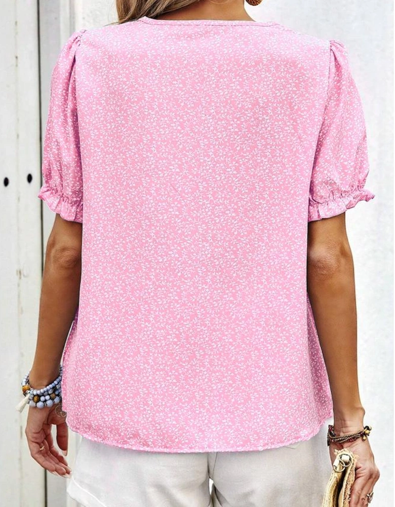 Pink Floral Embroidered Puff Sleeve Notched V Neck Blouse