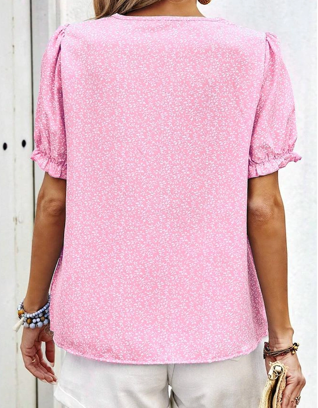 Pink Floral Embroidered Puff Sleeve Notched V Neck Blouse