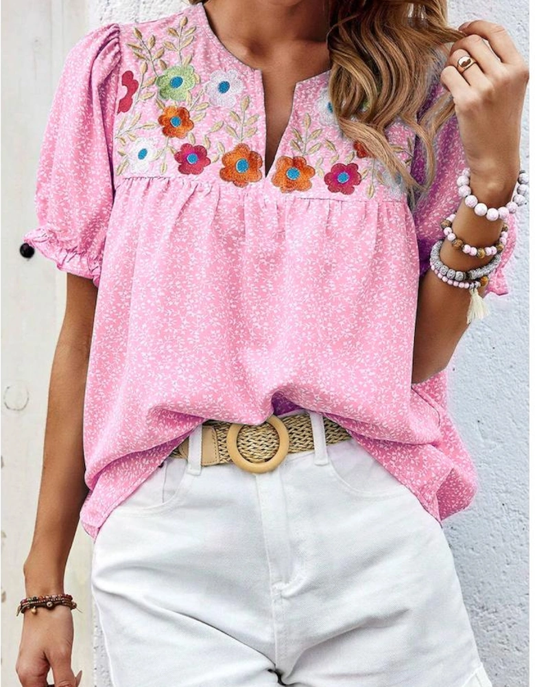 Pink Floral Embroidered Puff Sleeve Notched V Neck Blouse