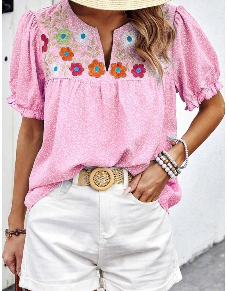 Pink Floral Embroidered Puff Sleeve Notched V Neck Blouse