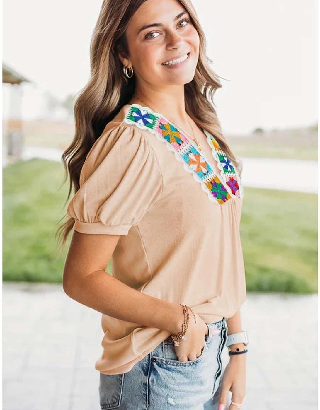 Pale Chestnut Crochet Floral V Neck Textured Short Sleeve Blouse, 11 of 10