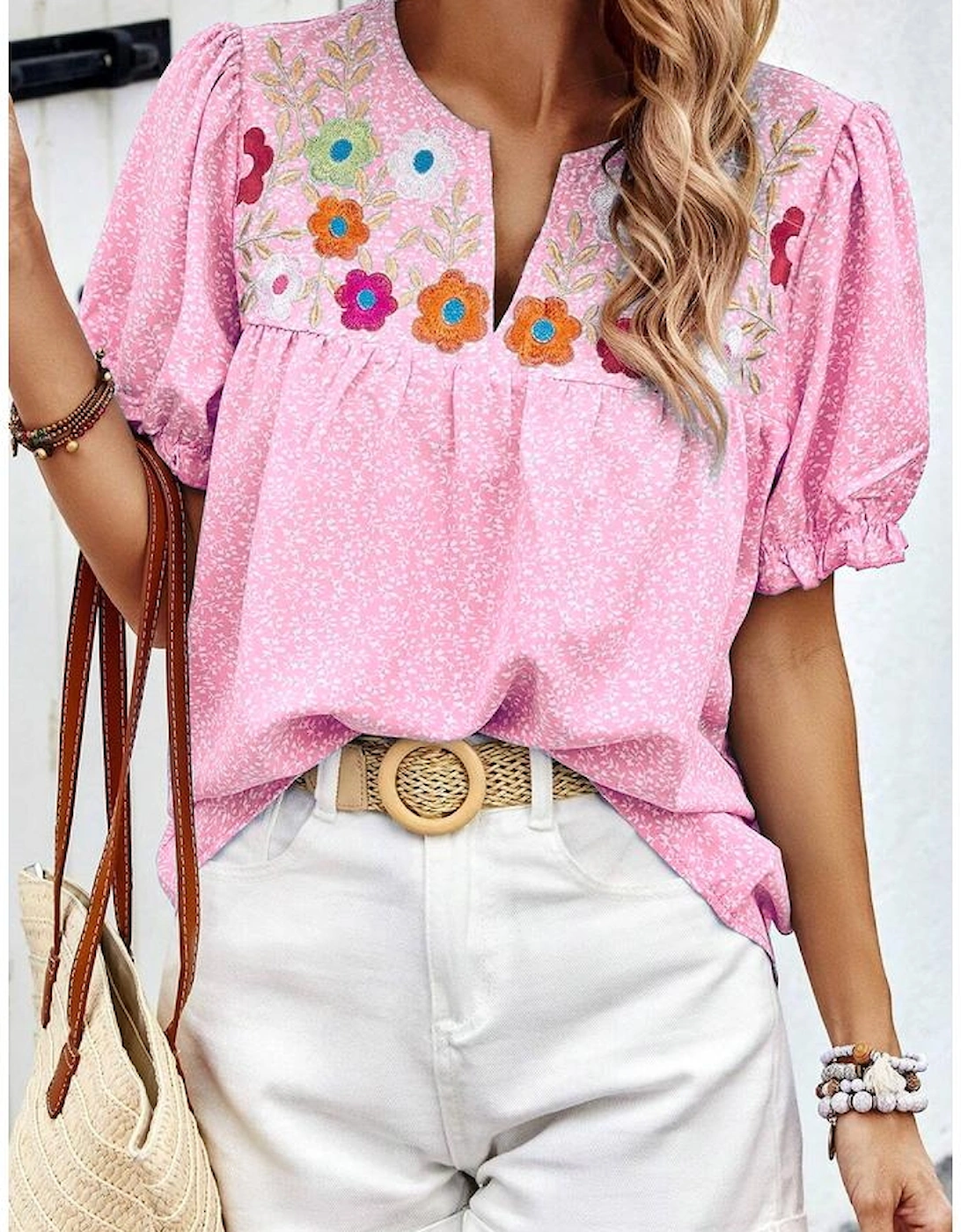 Pink Floral Embroidered Puff Sleeve Notched V Neck Blouse