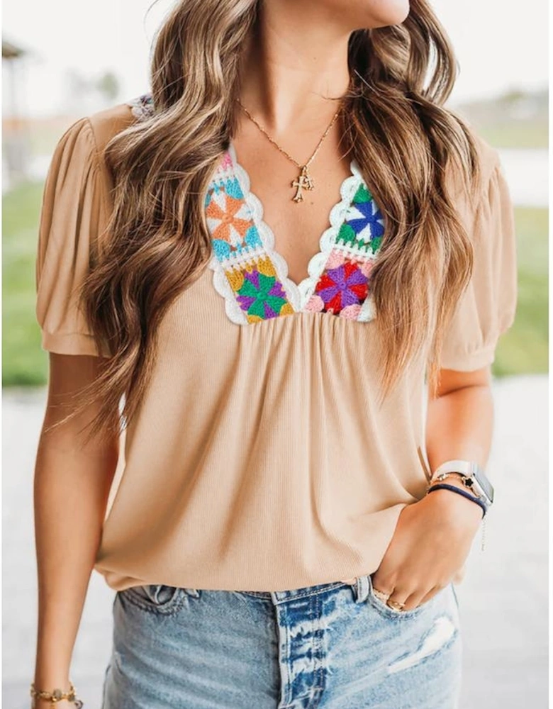 Pale Chestnut Crochet Floral V Neck Textured Short Sleeve Blouse