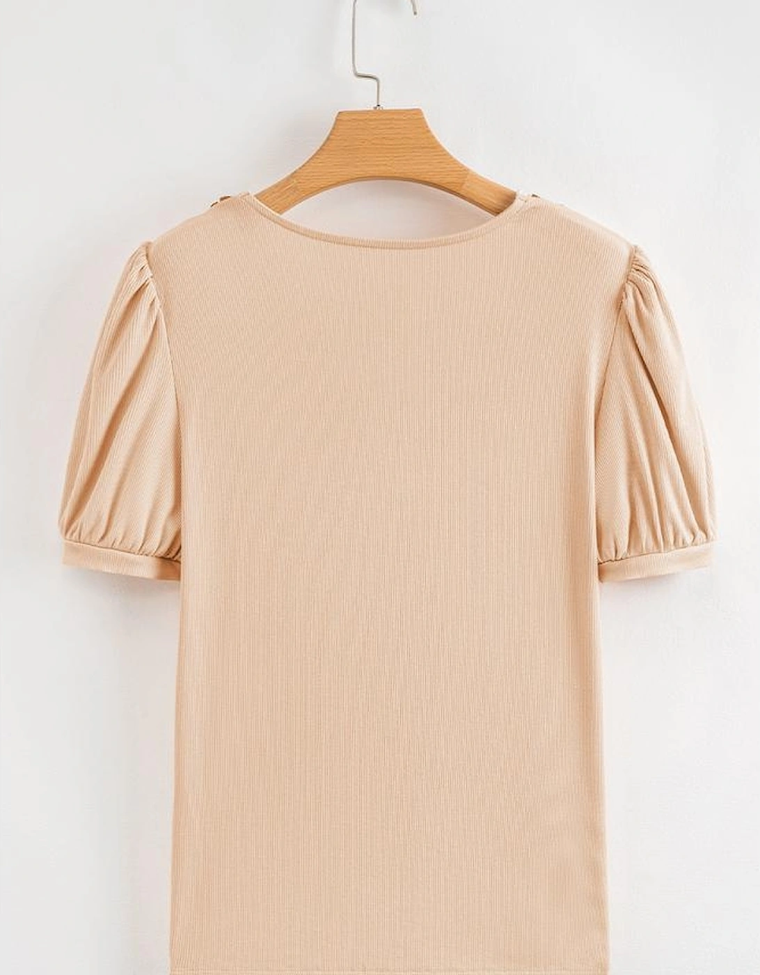 Pale Chestnut Crochet Floral V Neck Textured Short Sleeve Blouse