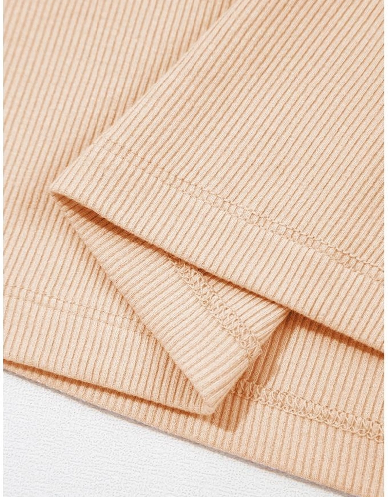 Pale Chestnut Crochet Floral V Neck Textured Short Sleeve Blouse