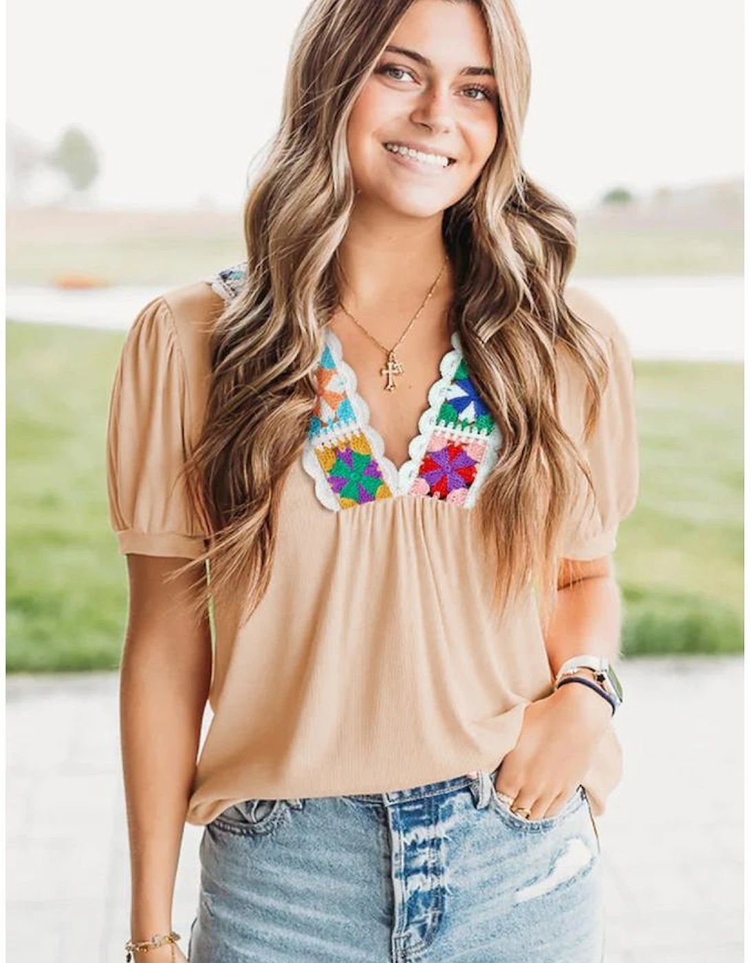 Pale Chestnut Crochet Floral V Neck Textured Short Sleeve Blouse