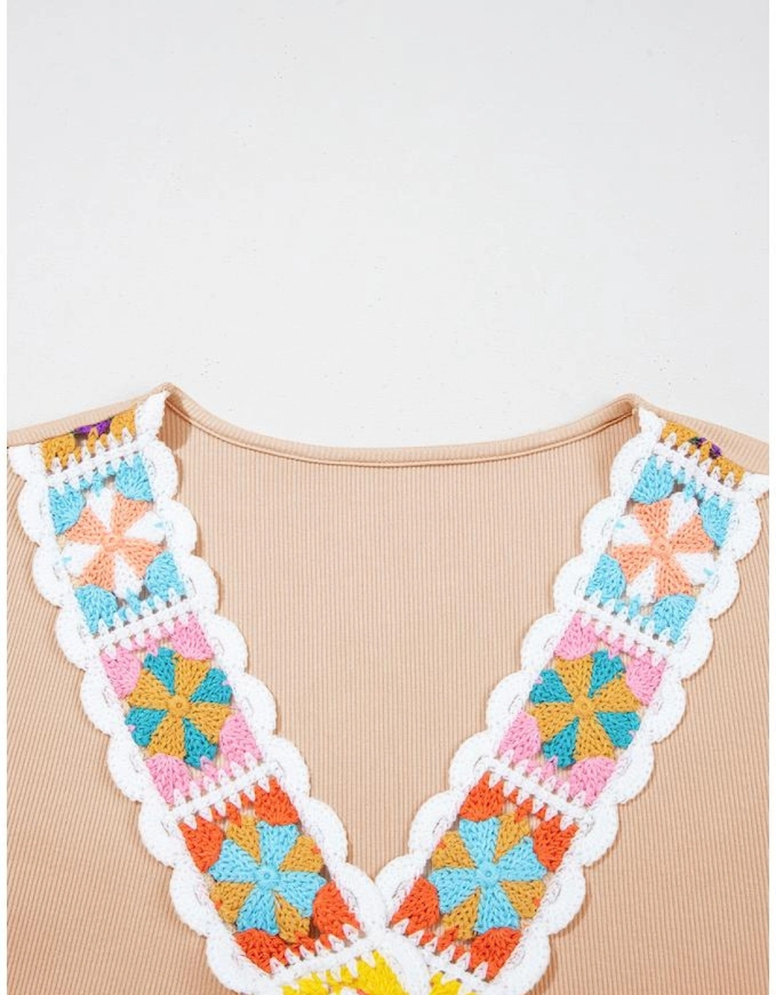 Pale Chestnut Crochet Floral V Neck Textured Short Sleeve Blouse