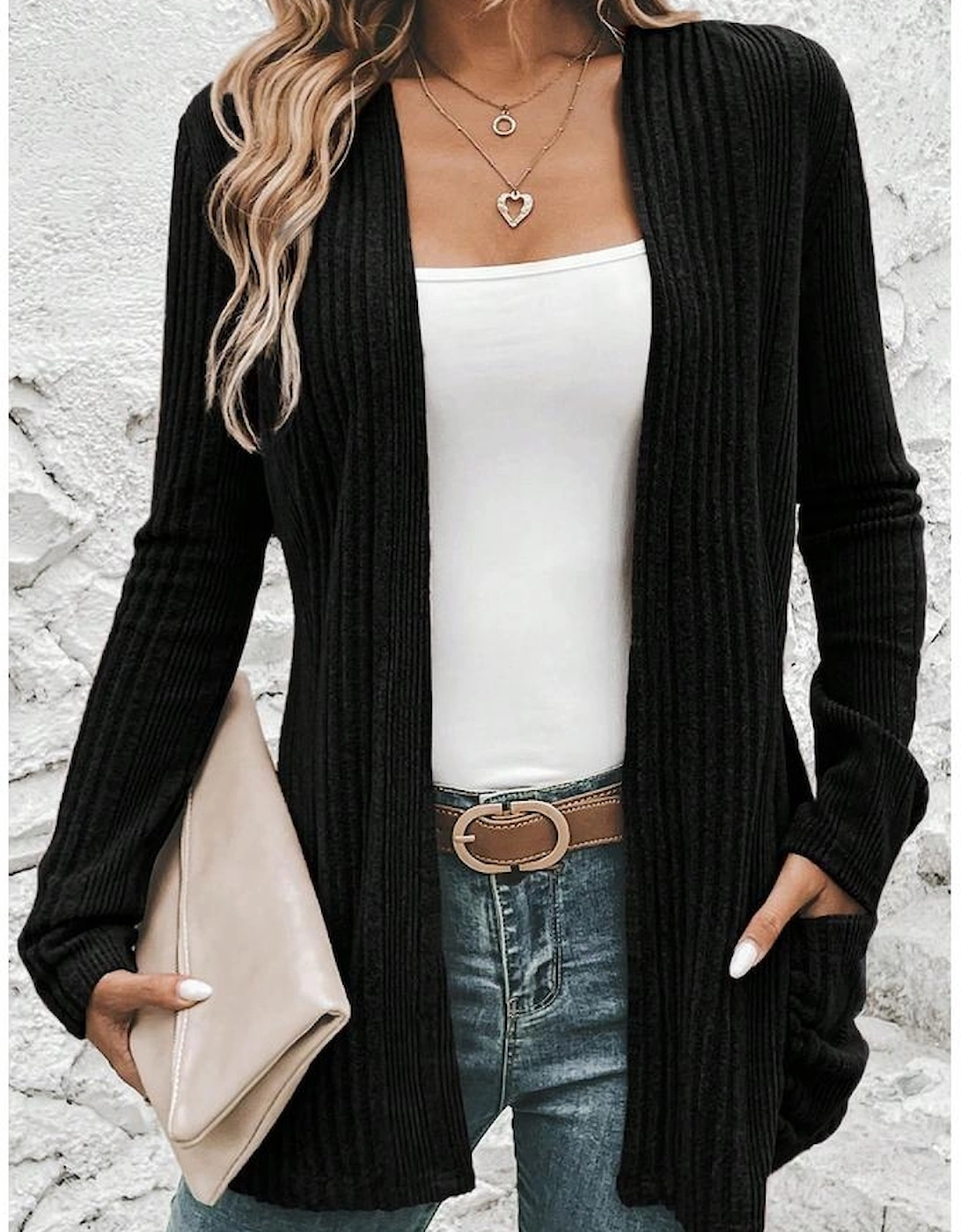 Black Ribbed Open Front Knitted Top with Pockets