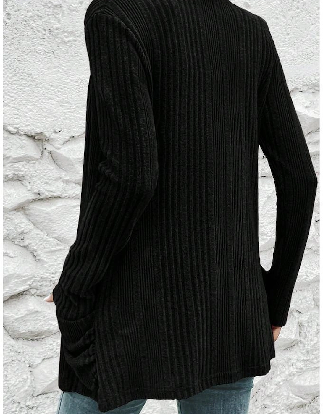Black Ribbed Open Front Knitted Top with Pockets, 8 of 7
