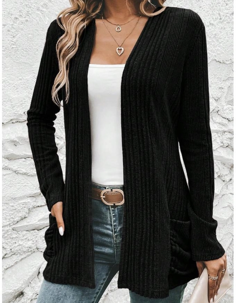 Black Ribbed Open Front Knitted Top with Pockets