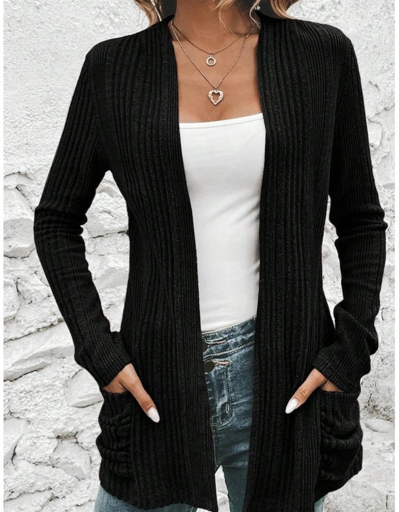 Black Ribbed Open Front Knitted Top with Pockets