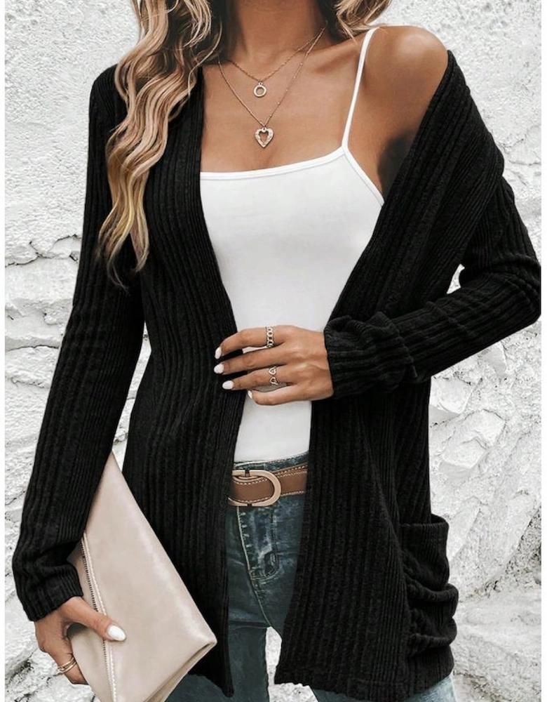 Black Ribbed Open Front Knitted Top with Pockets