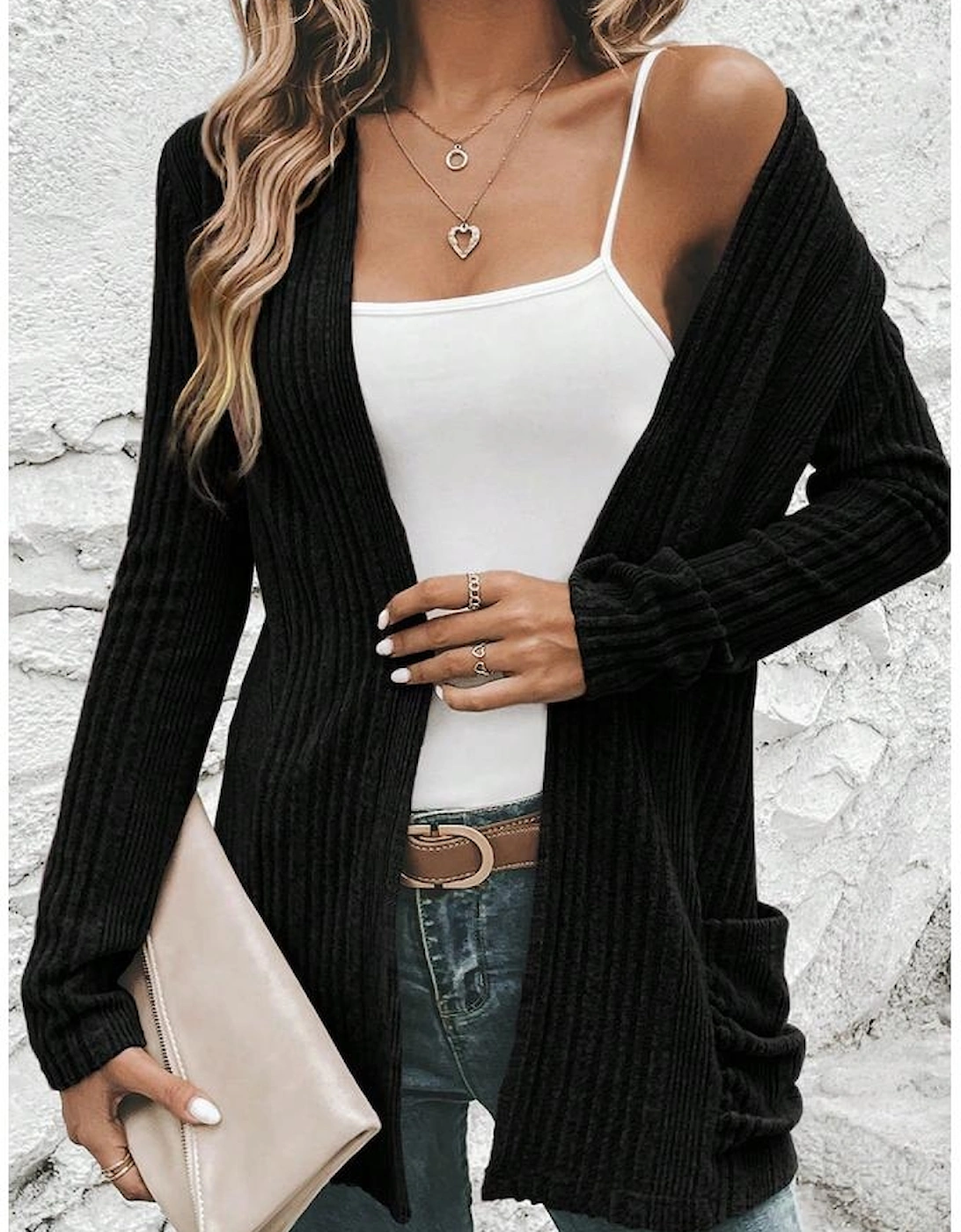 Black Ribbed Open Front Knitted Top with Pockets