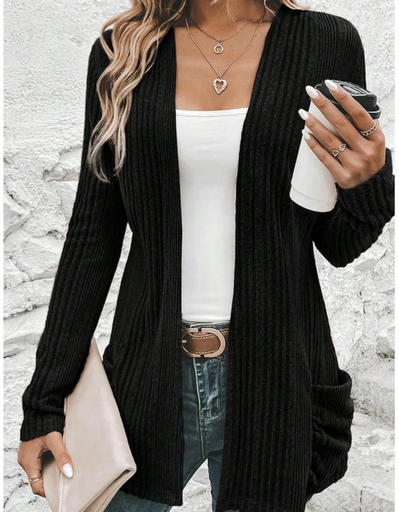 Black Ribbed Open Front Knitted Top with Pockets
