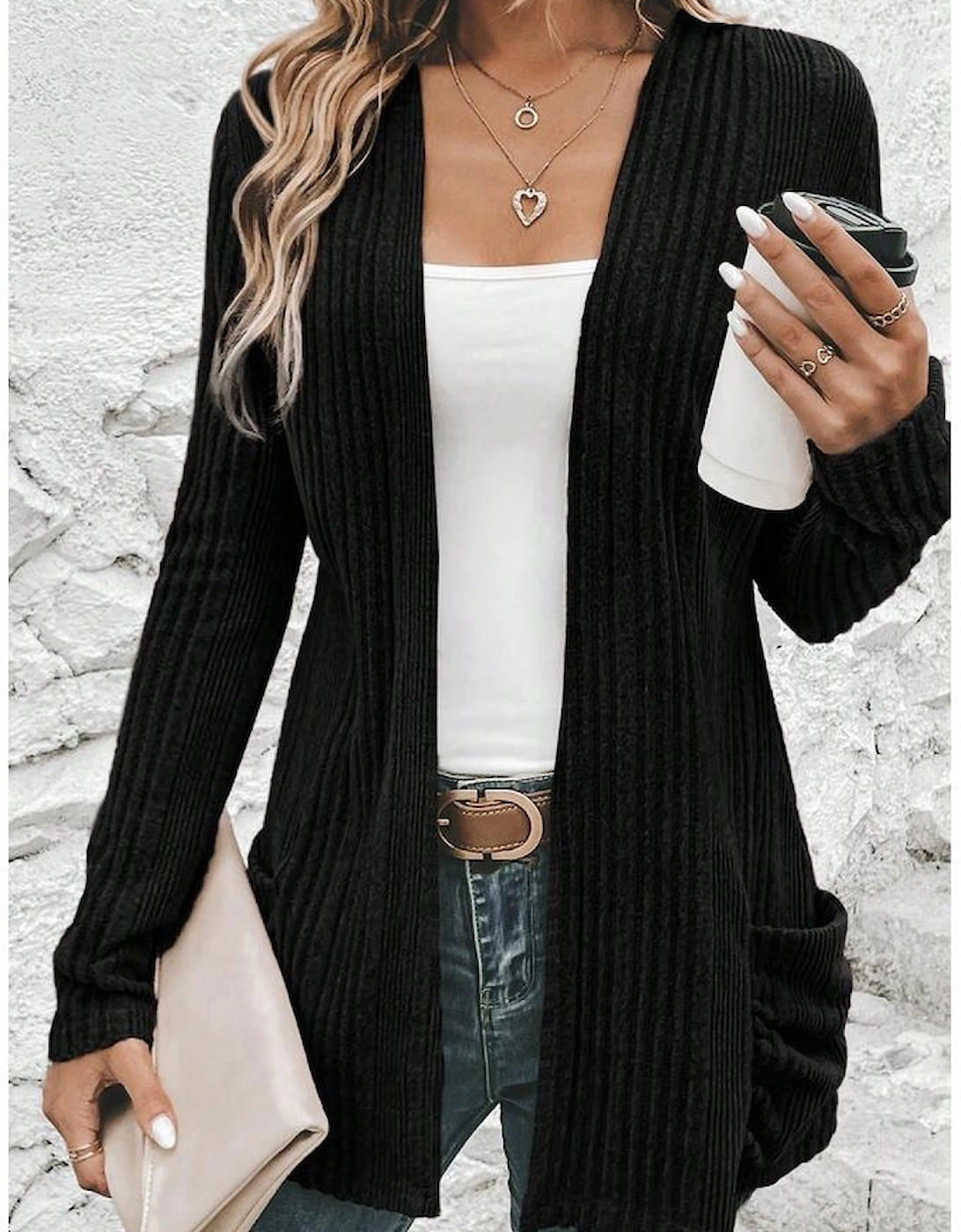 Black Ribbed Open Front Knitted Top with Pockets