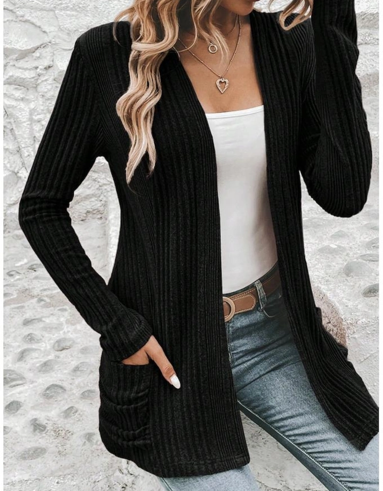 Black Ribbed Open Front Knitted Top with Pockets