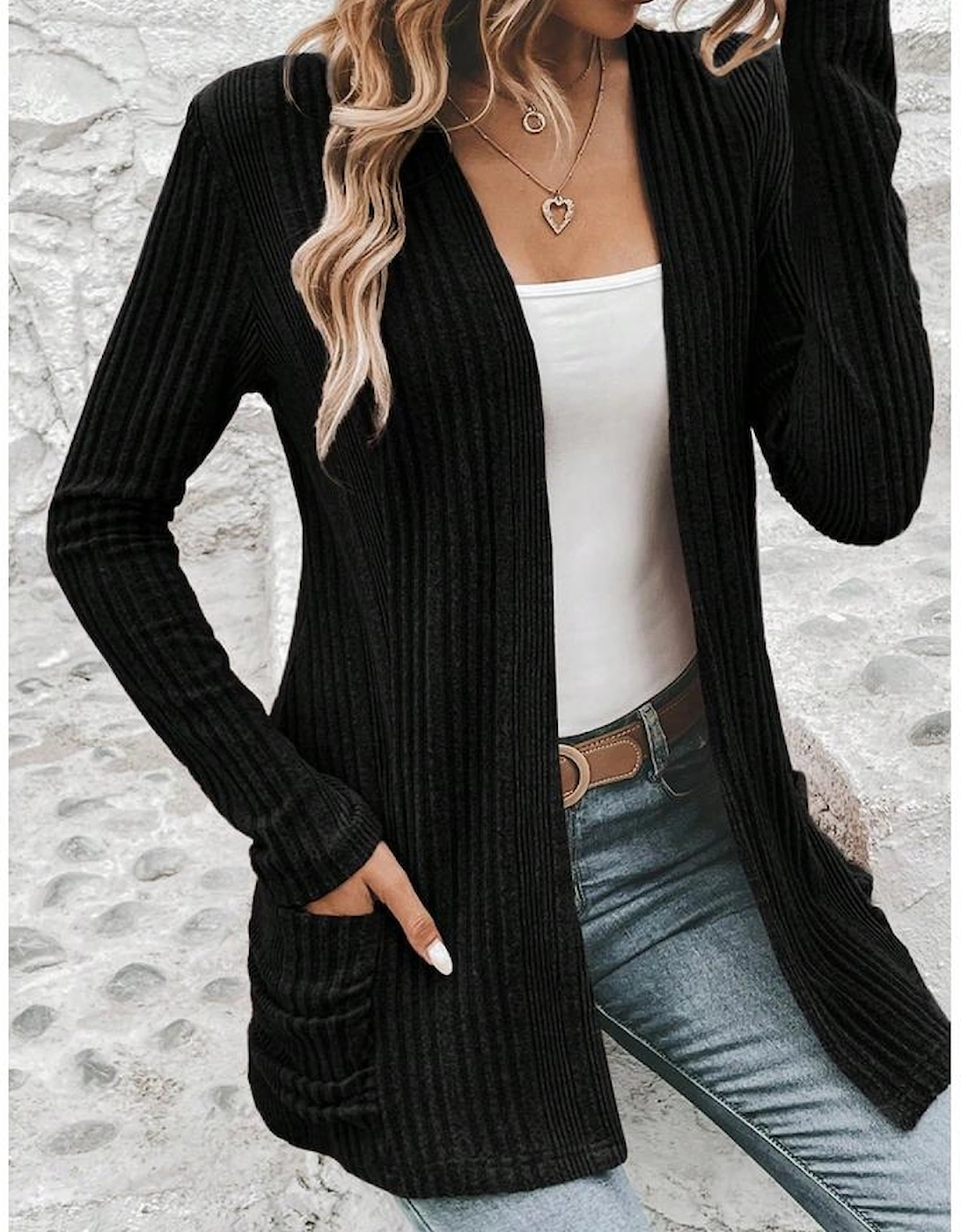 Black Ribbed Open Front Knitted Top with Pockets