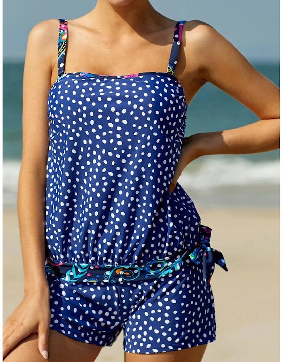 Blue Dotted Print Tankini Swimwear
