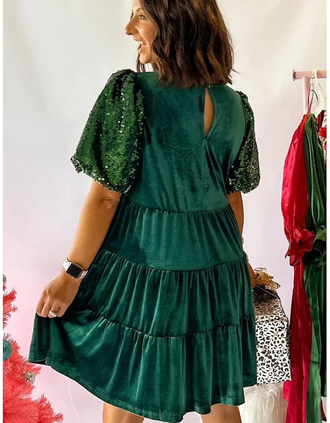 Evergreen Sequin Puff Sleeve High Waist Tiered Velvet Mini Dress, 16 of 15