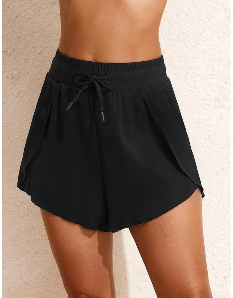 Black High Waisted Drawstring 2-in-1 Side Pocket Color Block Bikini Shorts