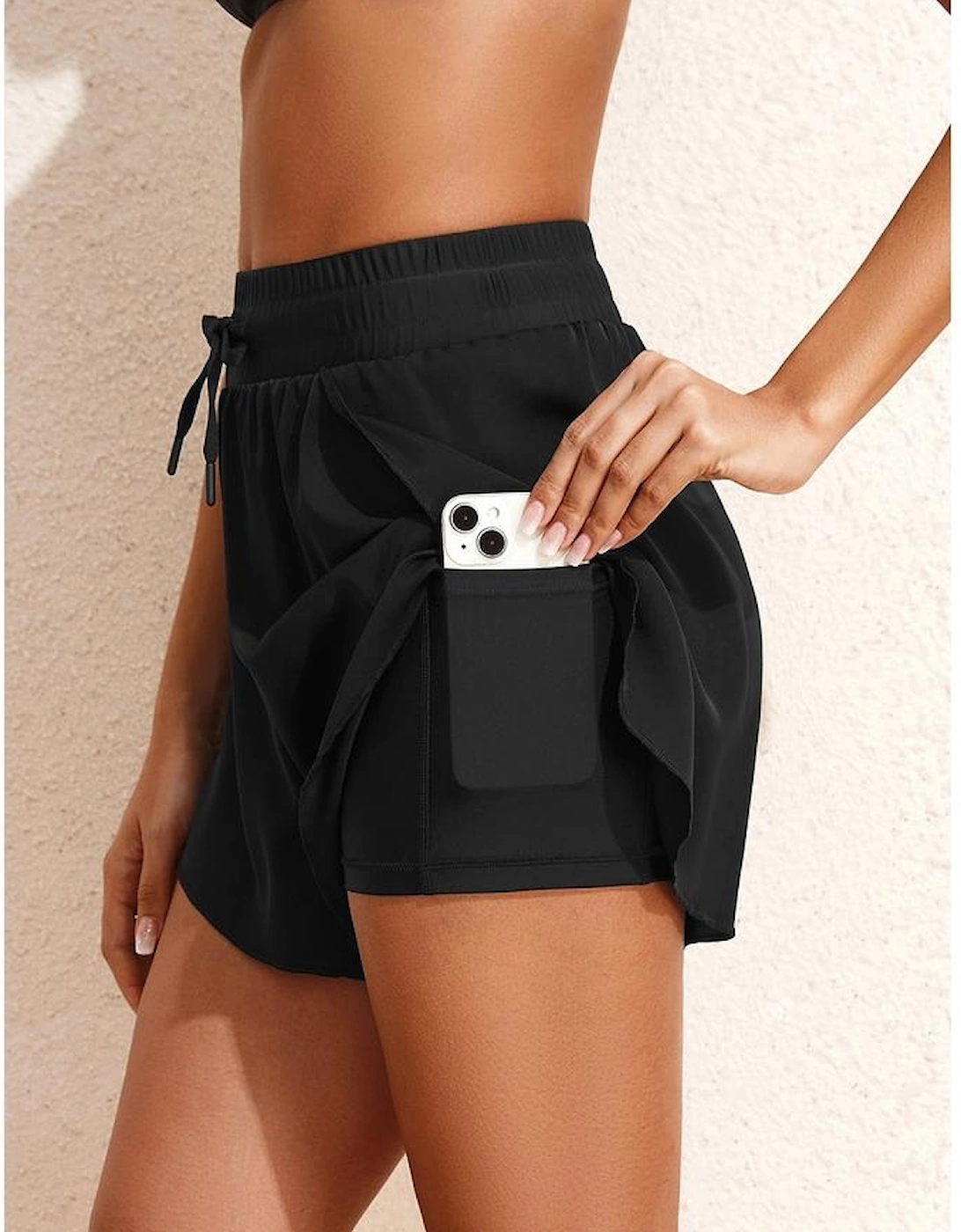 Black High Waisted Drawstring 2-in-1 Side Pocket Color Block Bikini Shorts
