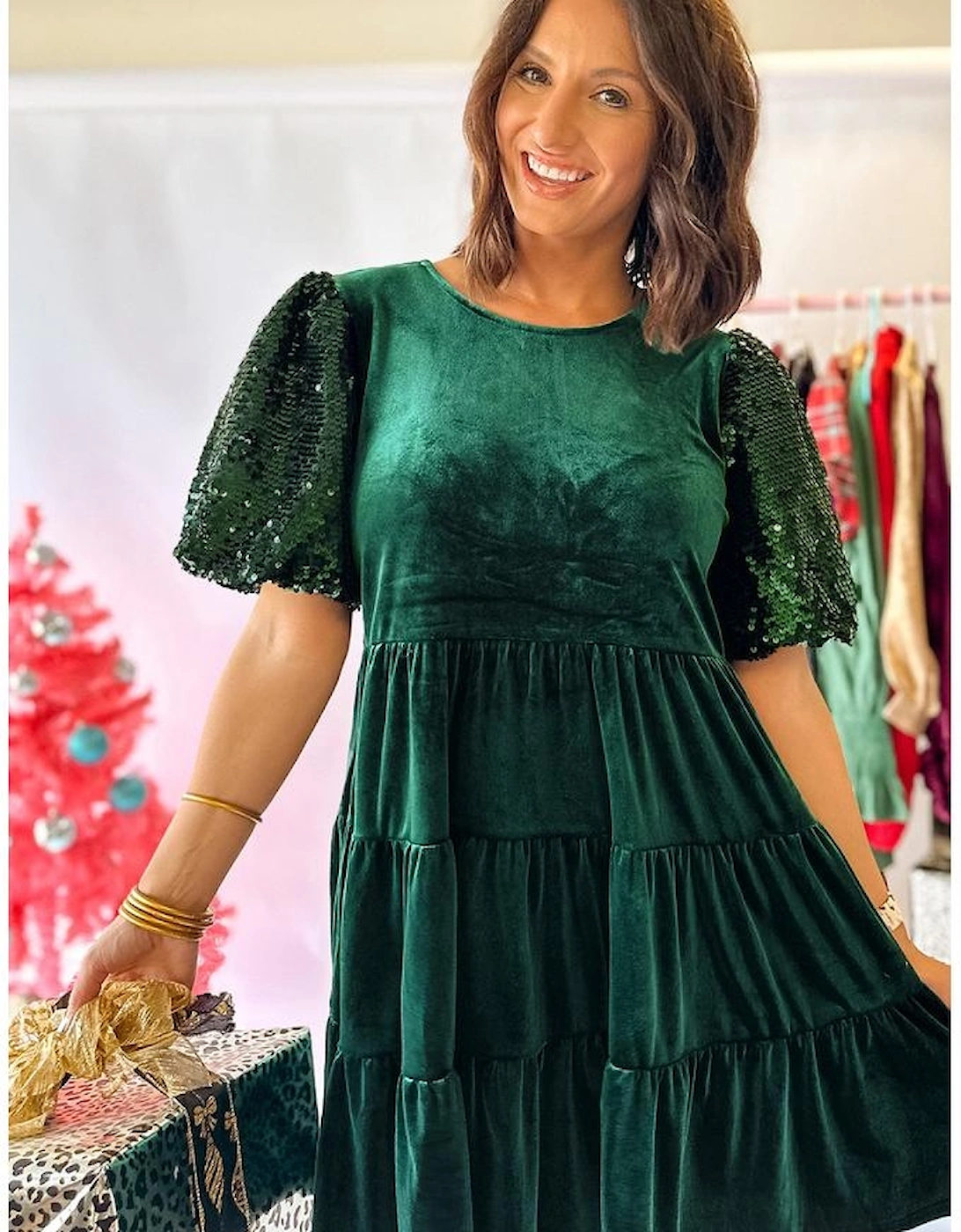 Evergreen Sequin Puff Sleeve High Waist Tiered Velvet Mini Dress