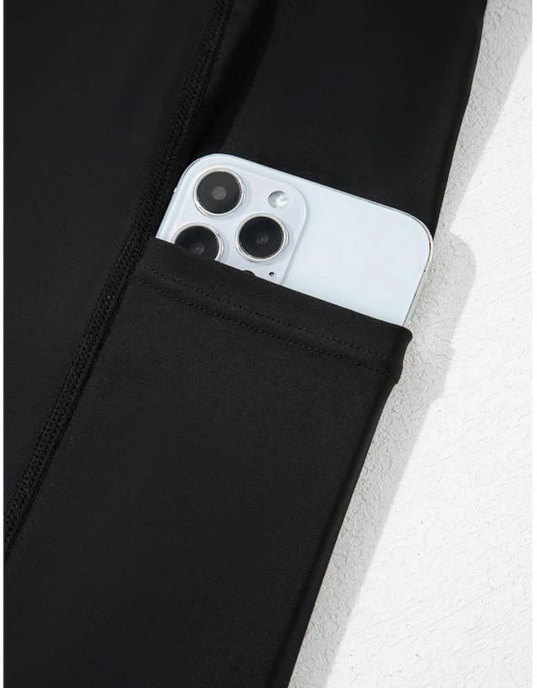 Black High Waisted Drawstring 2-in-1 Side Pocket Color Block Bikini Shorts