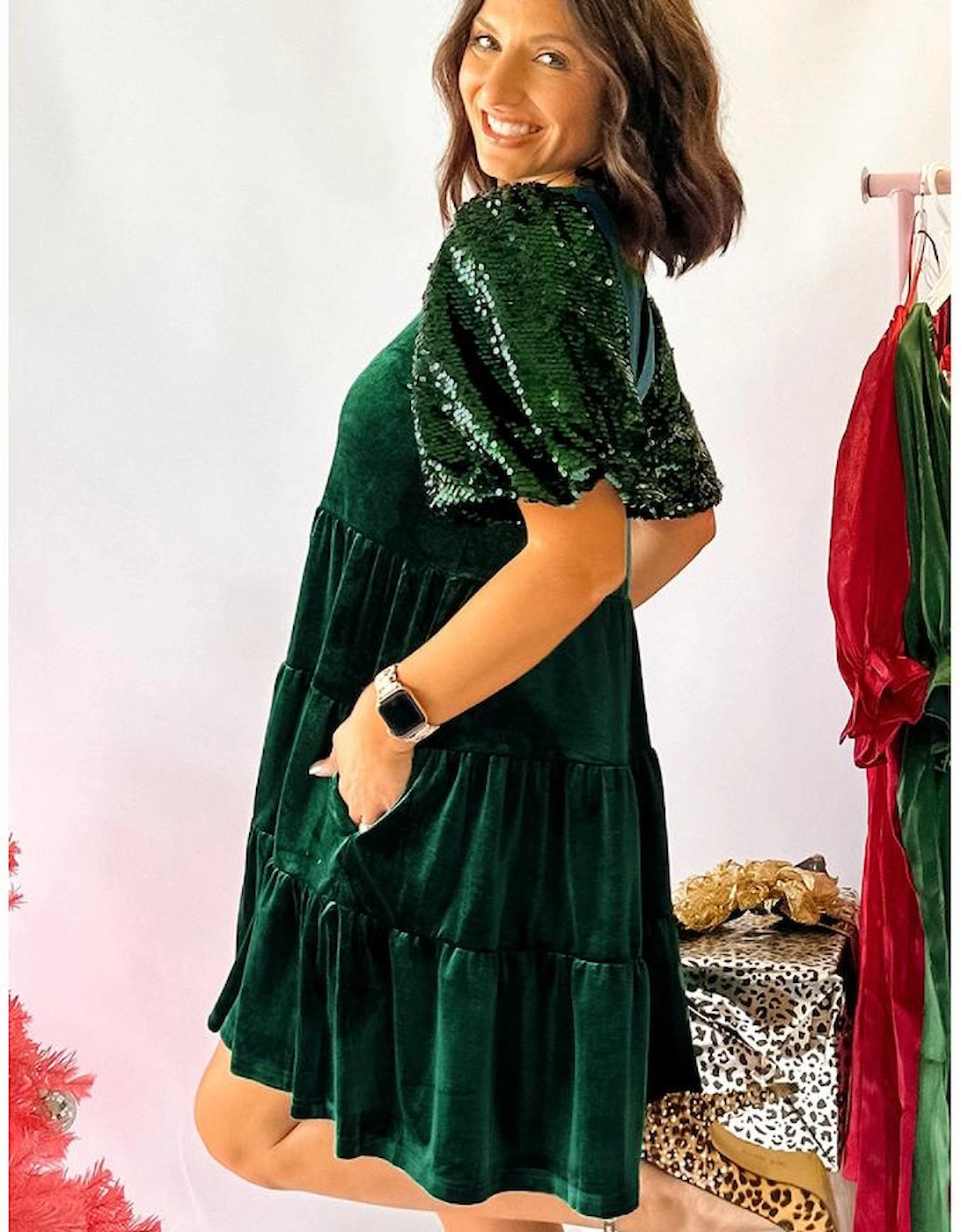 Evergreen Sequin Puff Sleeve High Waist Tiered Velvet Mini Dress