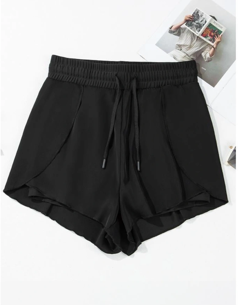 Black High Waisted Drawstring 2-in-1 Side Pocket Color Block Bikini Shorts