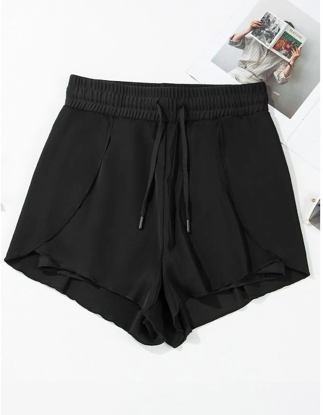 Black High Waisted Drawstring 2-in-1 Side Pocket Color Block Bikini Shorts, 15 of 14
