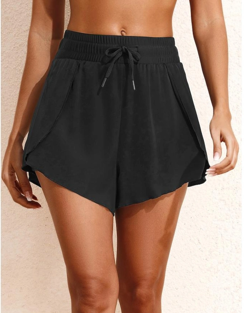 Black High Waisted Drawstring 2-in-1 Side Pocket Color Block Bikini Shorts