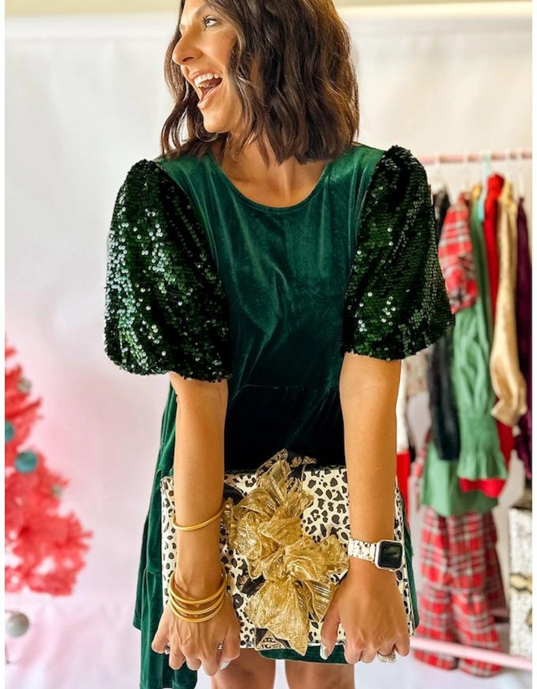 Evergreen Sequin Puff Sleeve High Waist Tiered Velvet Mini Dress