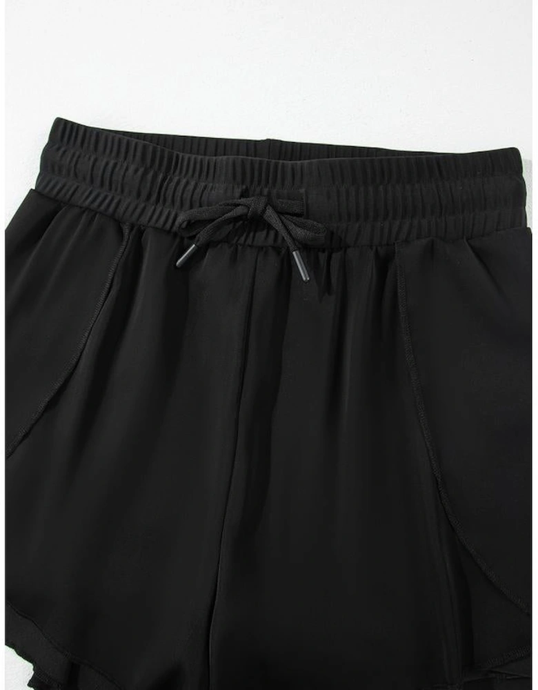 Black High Waisted Drawstring 2-in-1 Side Pocket Color Block Bikini Shorts