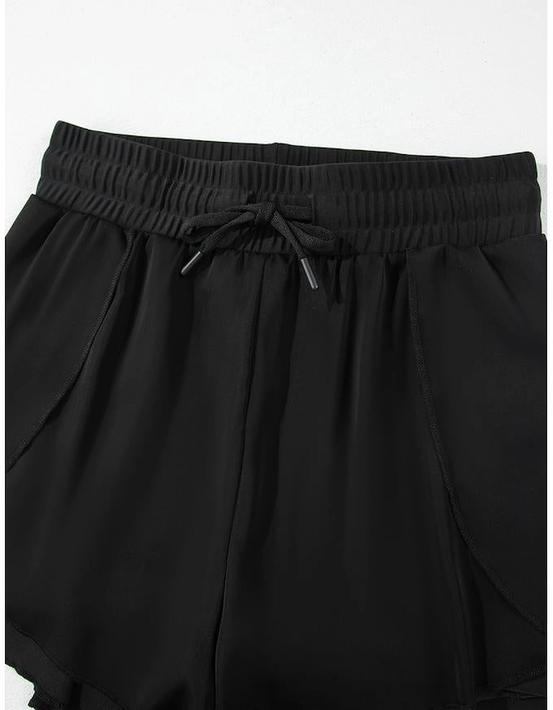 Black High Waisted Drawstring 2-in-1 Side Pocket Color Block Bikini Shorts