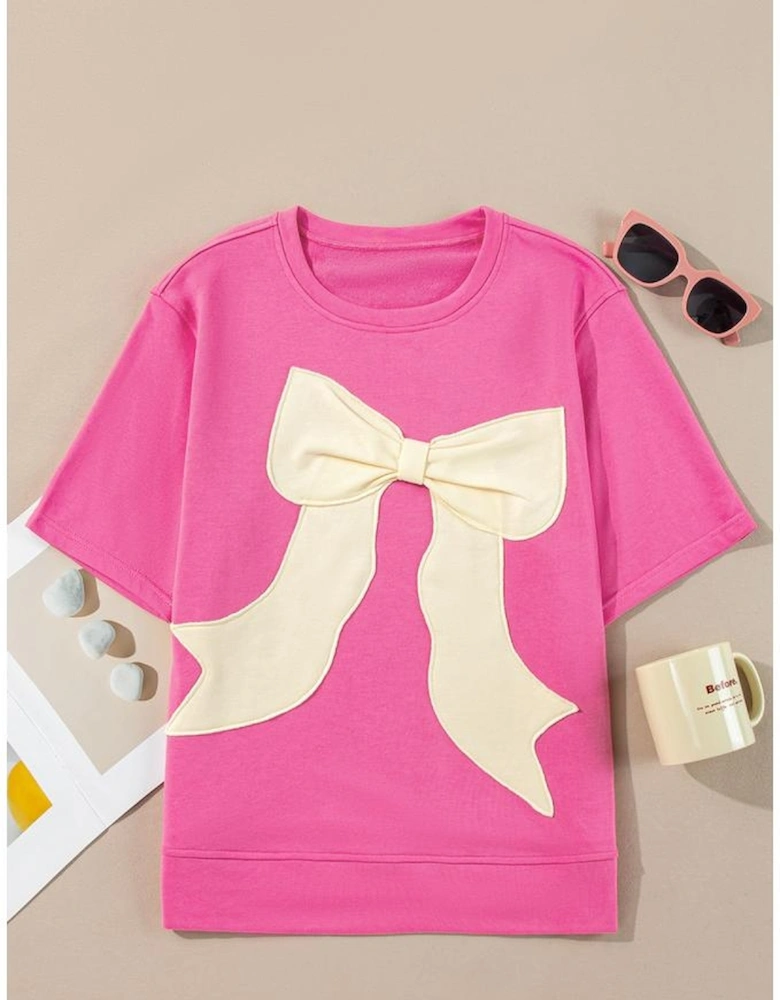 Strawberry Pink Contrasting Color Ribbon Bow Front Patch Loose Tee with Slits