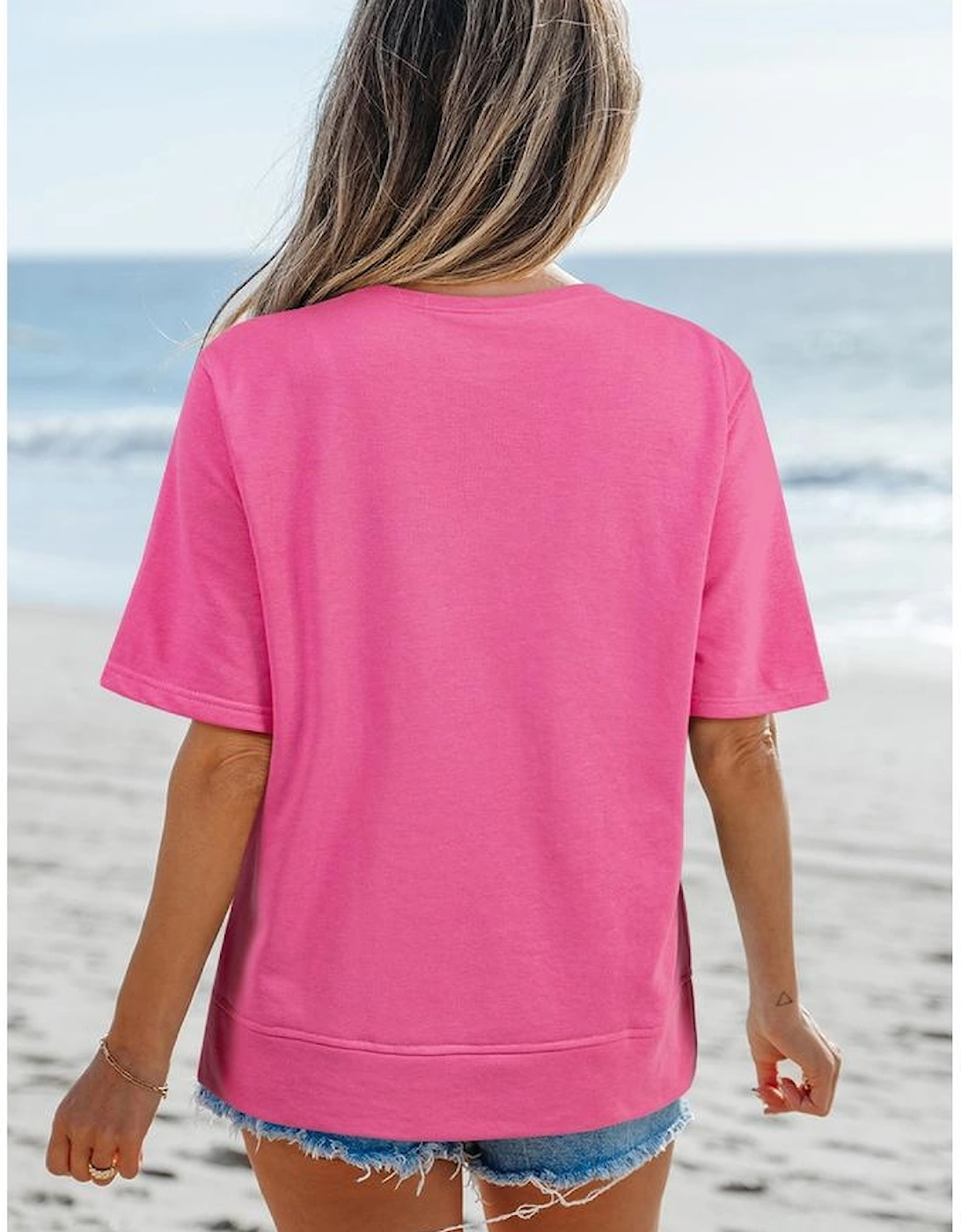 Strawberry Pink Contrasting Color Ribbon Bow Front Patch Loose Tee with Slits, 11 of 10