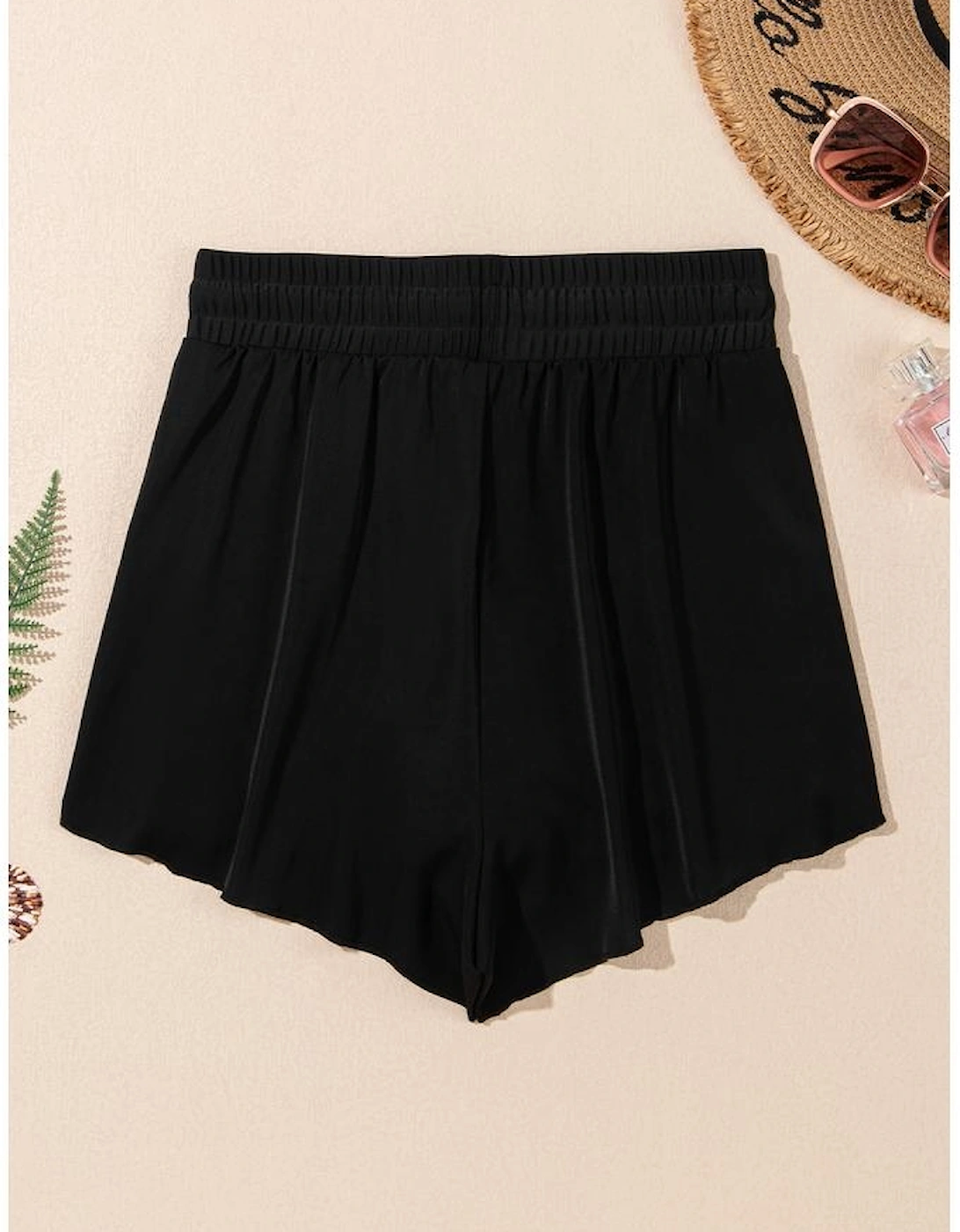 Black High Waisted Drawstring 2-in-1 Side Pocket Color Block Bikini Shorts