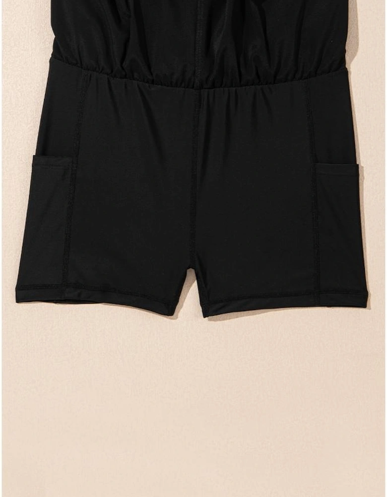 Black High Waisted Drawstring 2-in-1 Side Pocket Color Block Bikini Shorts