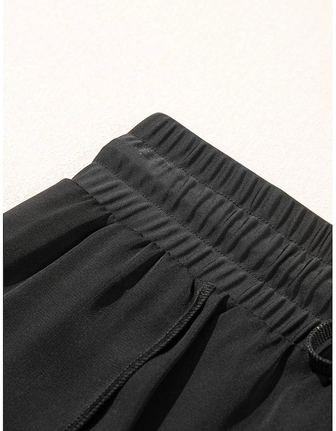 Black High Waisted Drawstring 2-in-1 Side Pocket Color Block Bikini Shorts