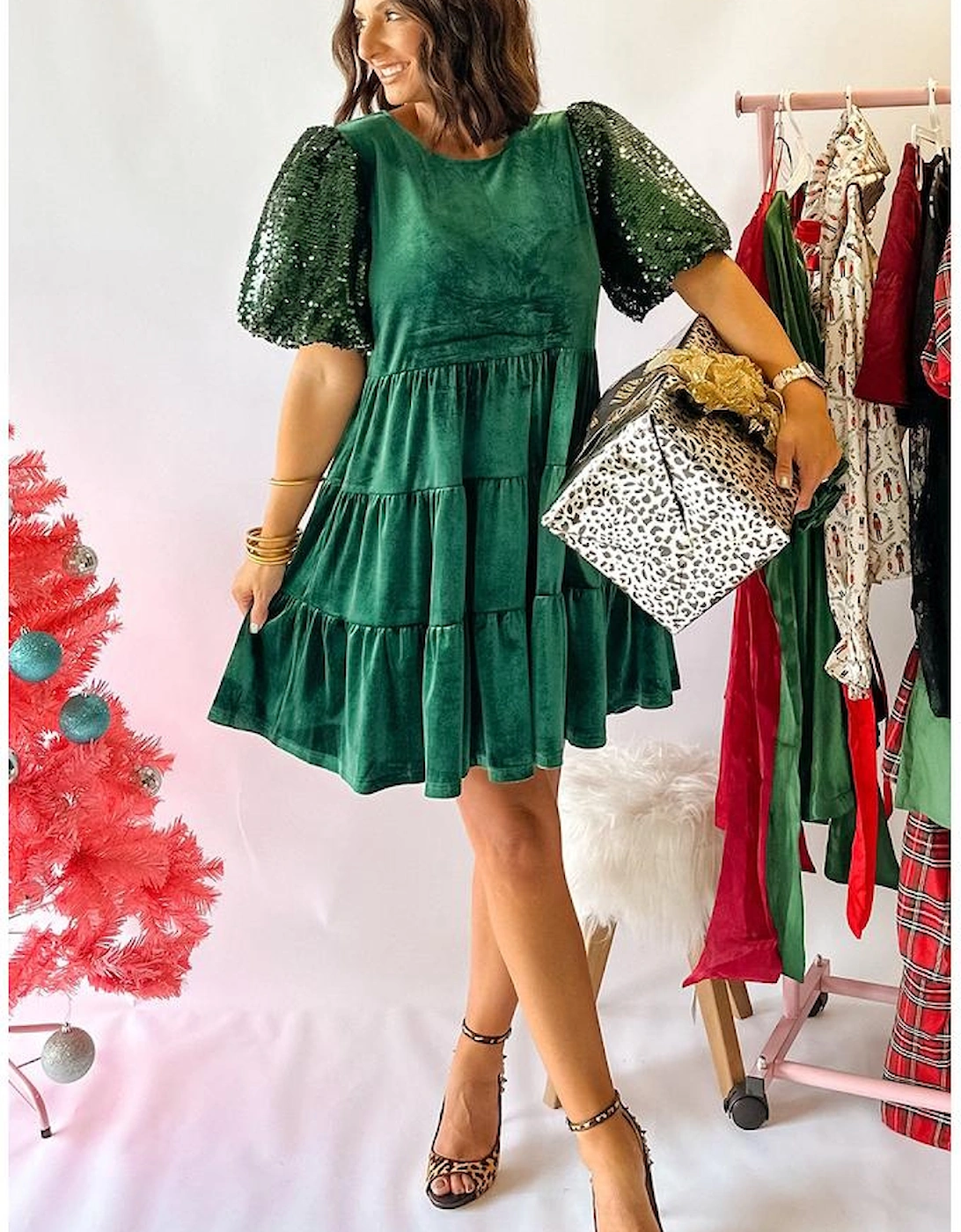 Evergreen Sequin Puff Sleeve High Waist Tiered Velvet Mini Dress