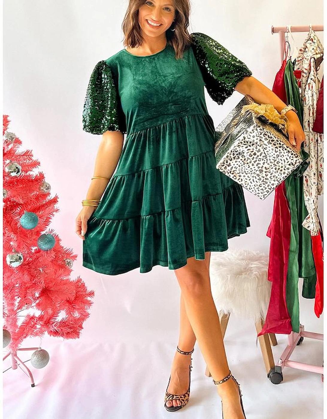Evergreen Sequin Puff Sleeve High Waist Tiered Velvet Mini Dress