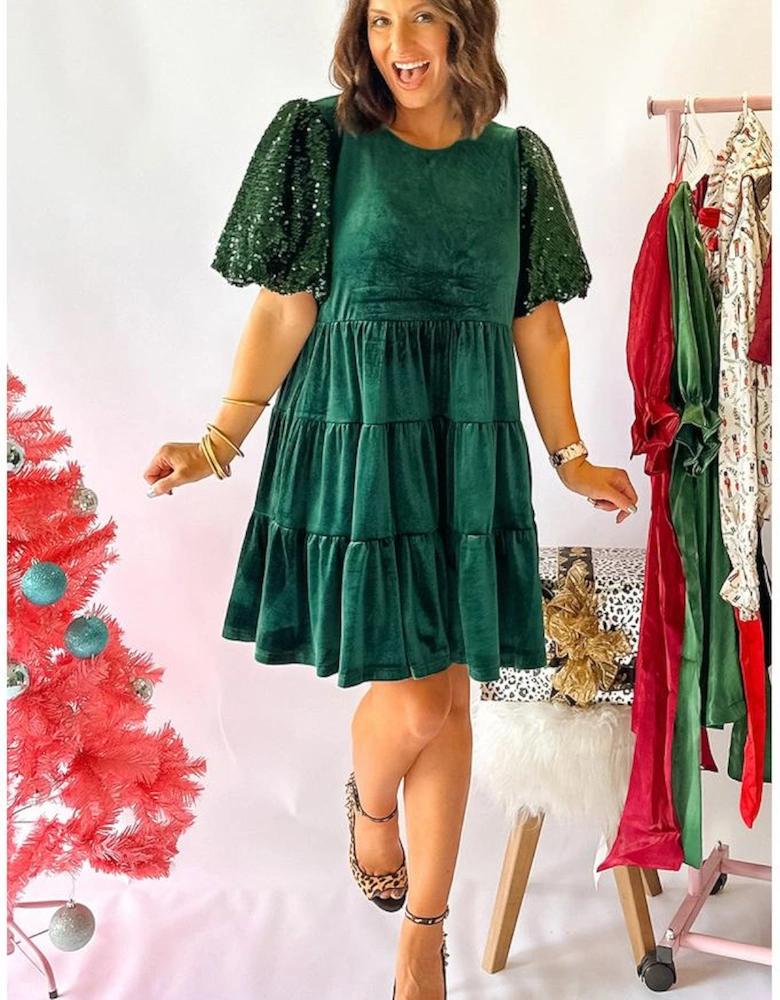 Evergreen Sequin Puff Sleeve High Waist Tiered Velvet Mini Dress