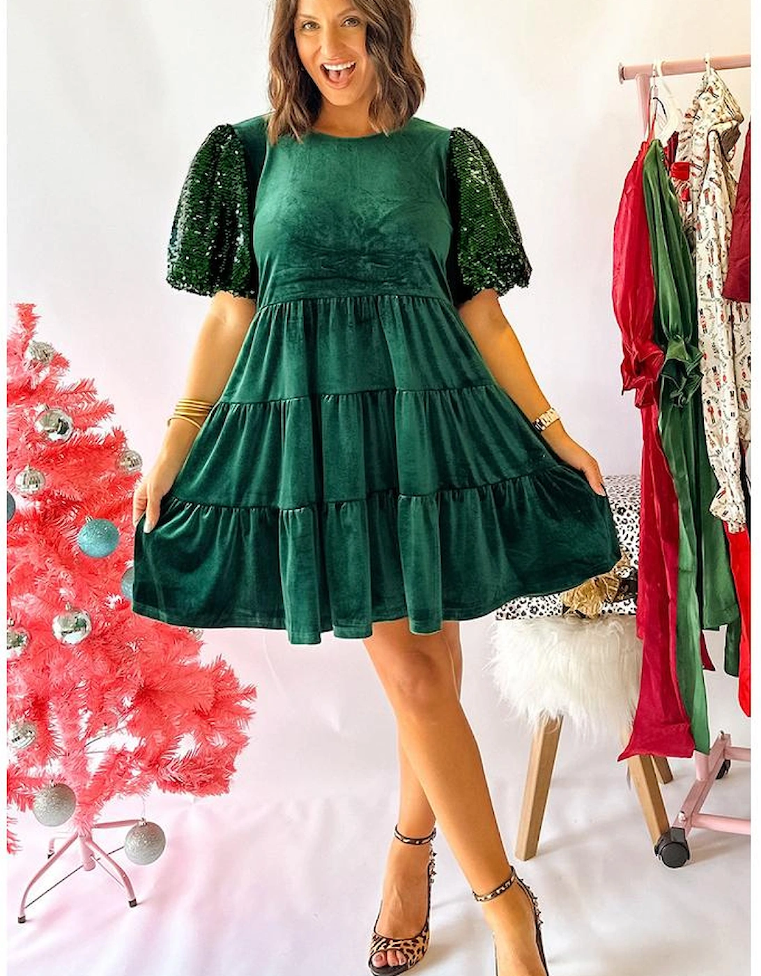 Evergreen Sequin Puff Sleeve High Waist Tiered Velvet Mini Dress