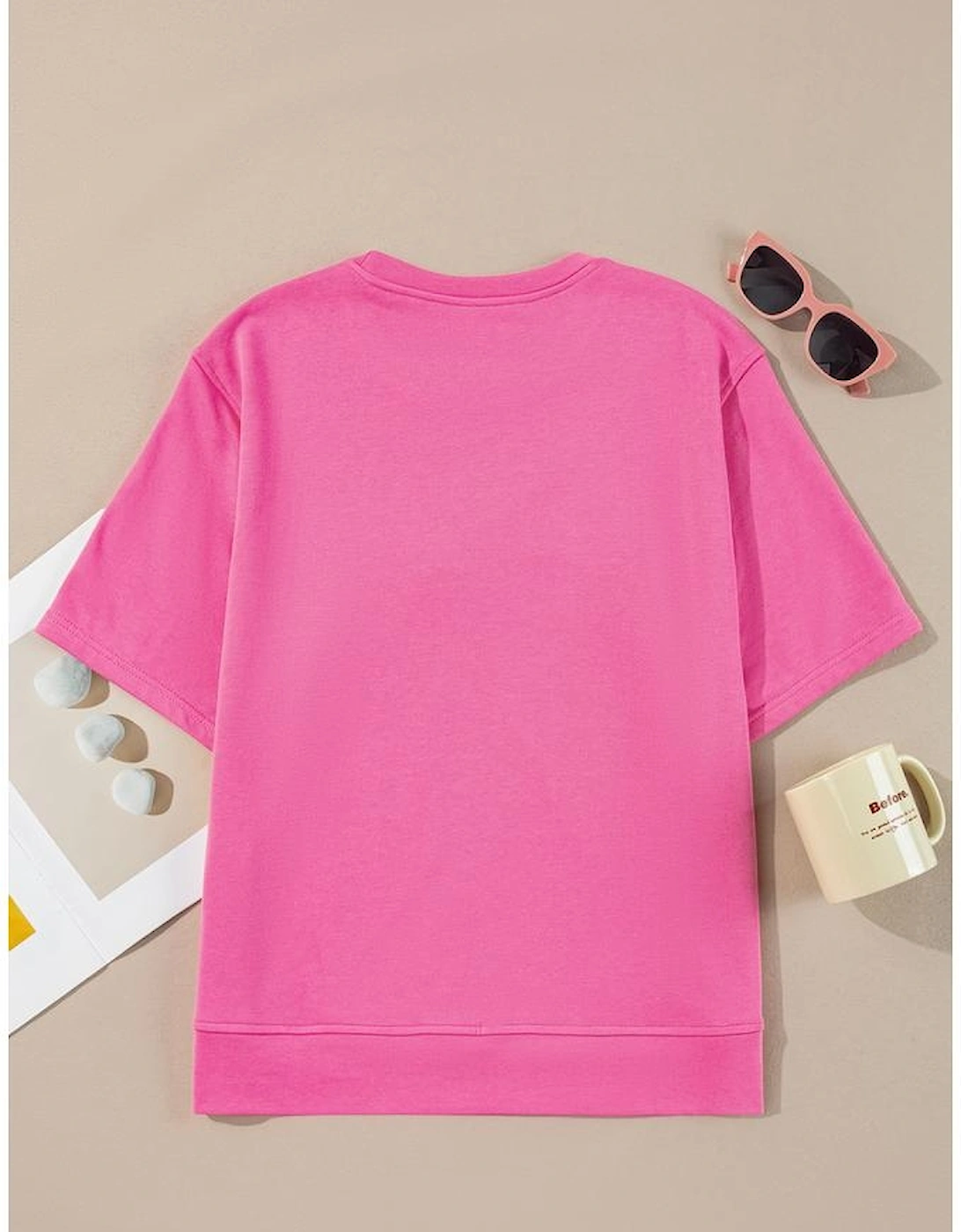 Strawberry Pink Contrasting Color Ribbon Bow Front Patch Loose Tee with Slits